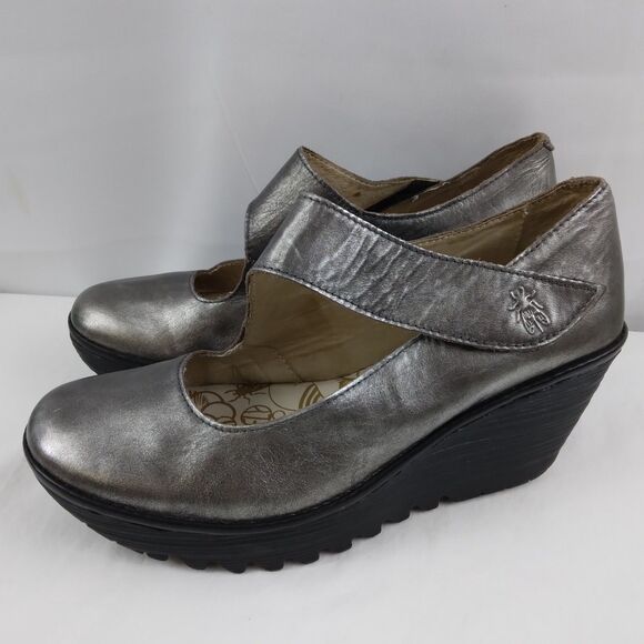 Fly London Gunmetal Gray Pewter Yasi Wedge Mary Jane Style Shoes 40 US 9 9.5 - Picture 6 of 13